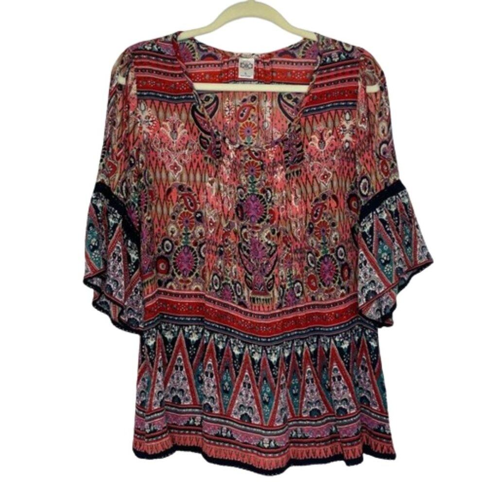 Bila multi-color bohemian blouse cold shoulder short bell sleeves size Large